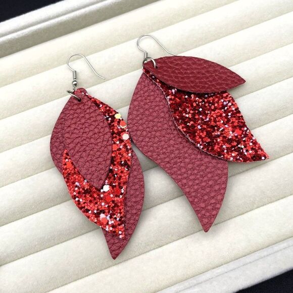 Red Faux Leather with Sequin Layered Leaf 316L Stainless Steel Hook Earrings - Picture 5 of 10